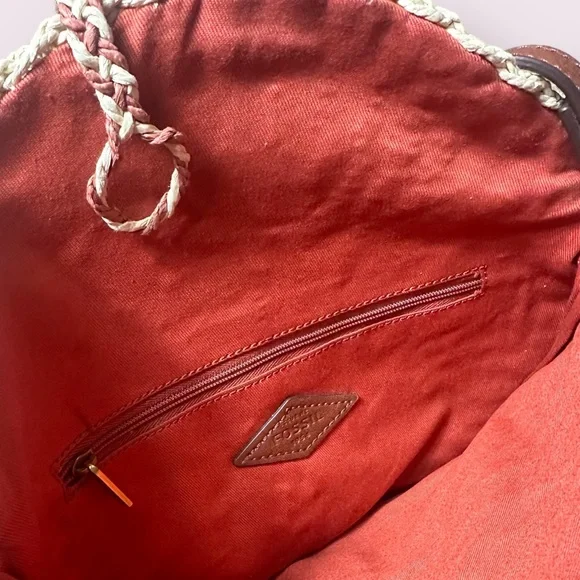 NWT Fossil Faye Crossbody Straw Woven Handbag Terracotta Accents Brown Strap - Picture 8 of 10